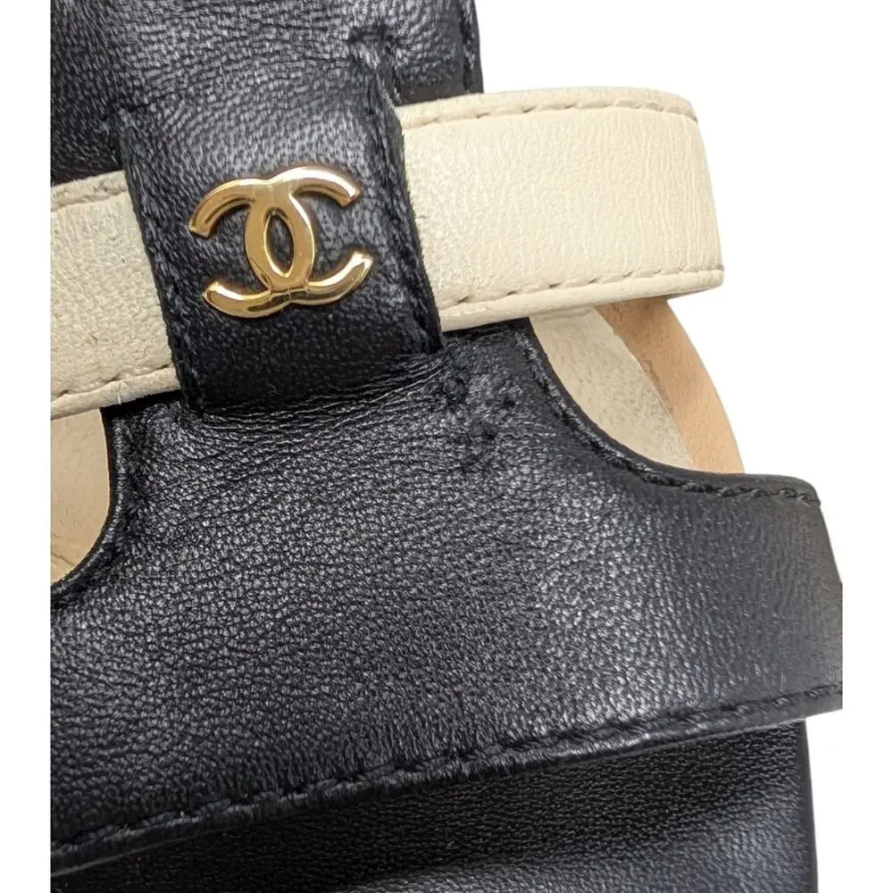 Chanel Gladiator Caged Block Heel Sandal Black Beige Cream Gold CC Logo 38.5 | 8
